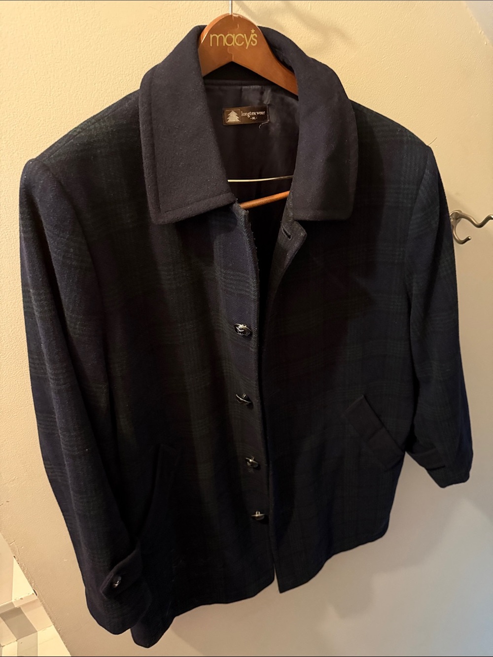 Longtex Men's Navy Plaid Wool-Blend Pea Coat
